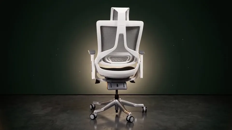 Silla de oficina girando sobre fondo cinematográfico